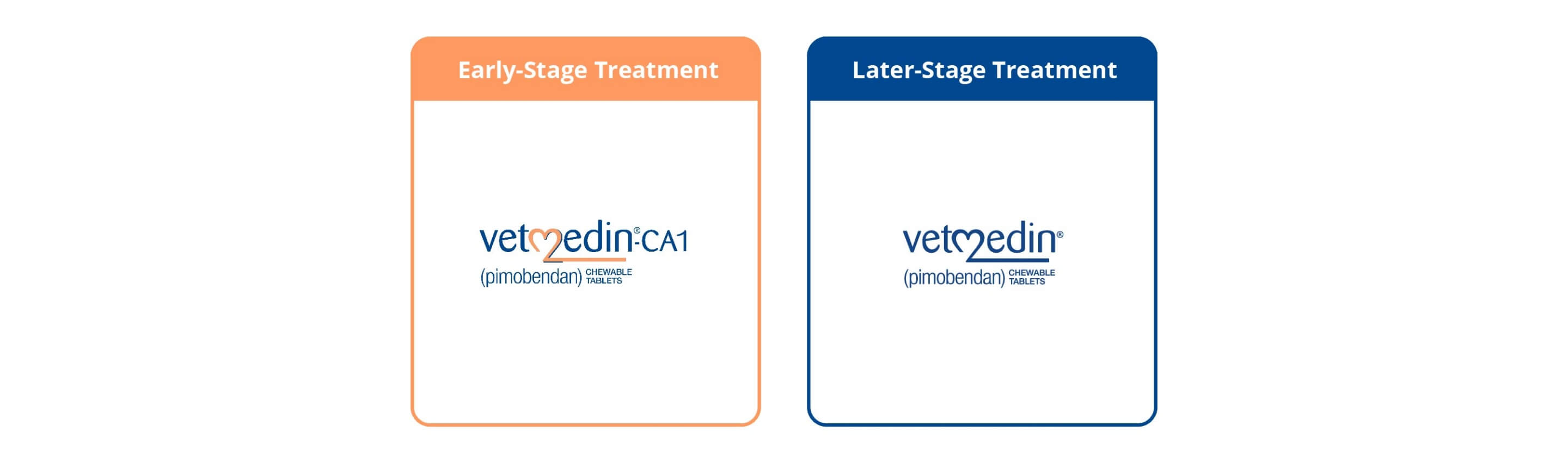 A graphic depicting Vetmedin CA1 as an early-stage treatment option and Vet | Healthy Habits For New Petsmedin chewable tablets as a later-stage treatment option | 