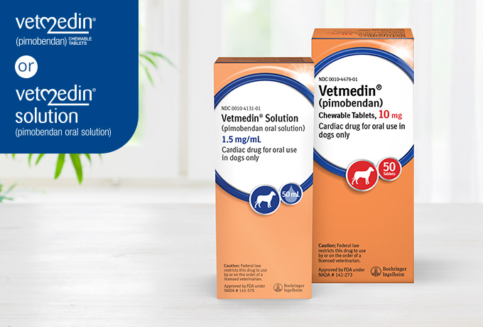 Vetmedin chewable tablets and oral solution products in packaging